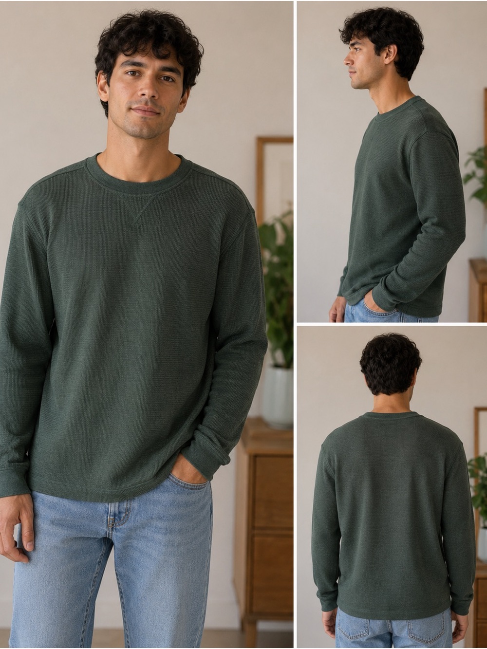 BC Clothing Heritage Waffle Knit Thermal Shirt Green Men’s L